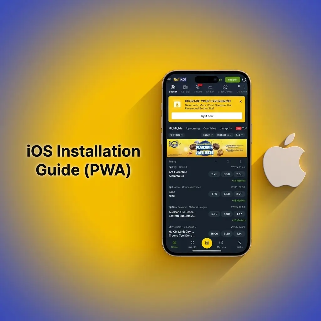 iPhone Safari PWA installation guide for Betika esports betting app showing Add to Home Screen steps